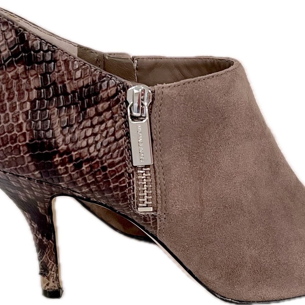 Michael Kors high heel bootie.  Taupe suede and rich brown snake skin leather. - Picture 6 of 6